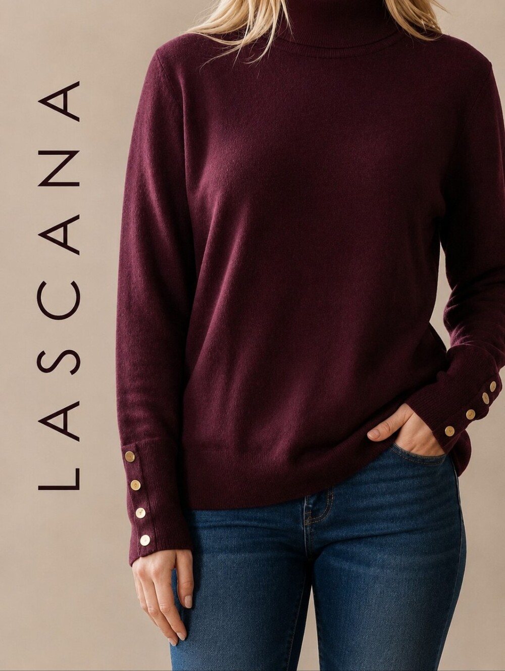 LASCANA Button Cuff Turtleneck Sweater